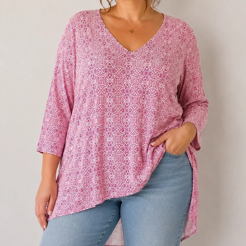 Chico's XL Pink Medallion Tunic Top Cotton Modal 3/4 Sleeve High Low Hem Lagen
